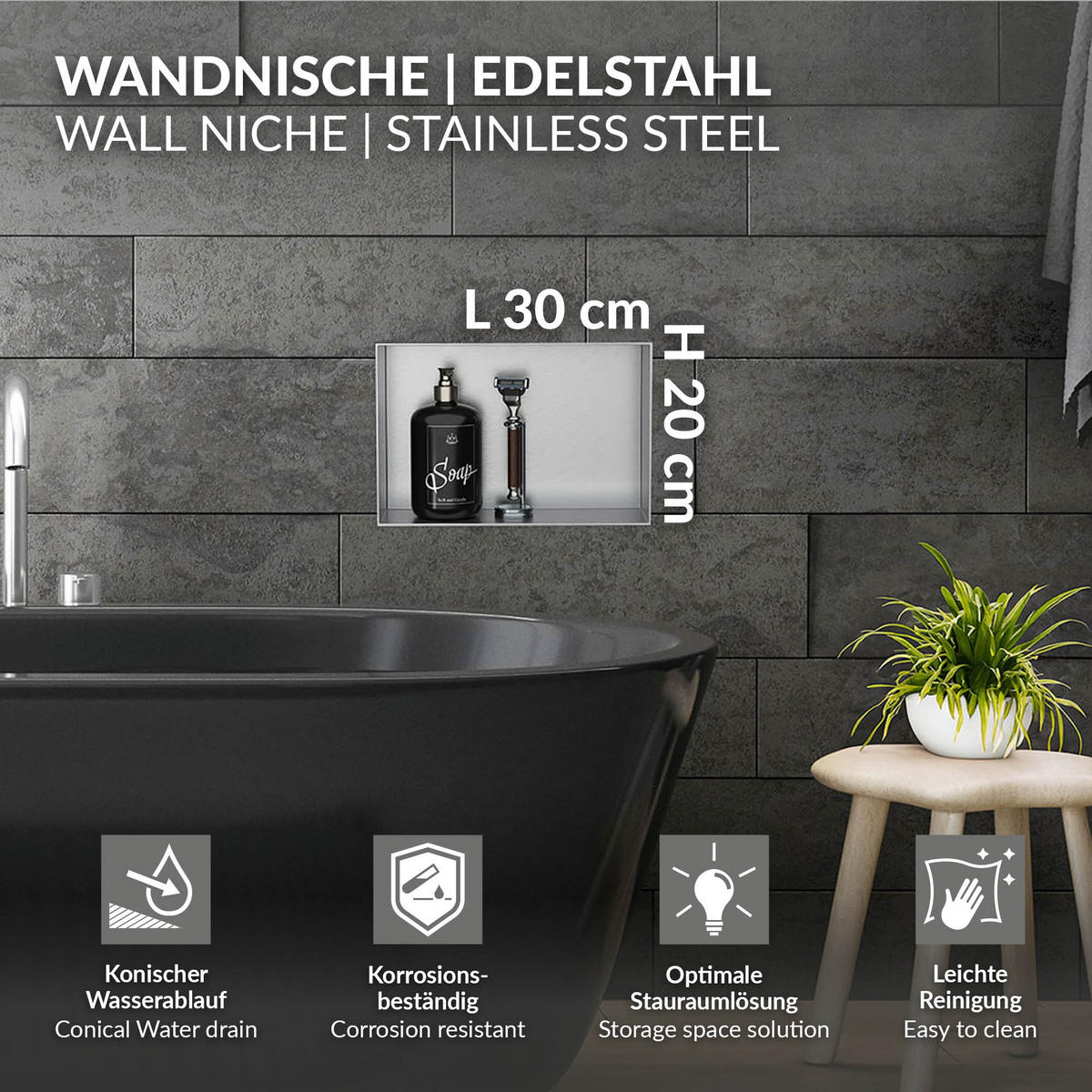 DUSCHNISCHE Silber 20/30 cm randlos - Silberfarben, Metall (30/20/10cm) - LuxeBath