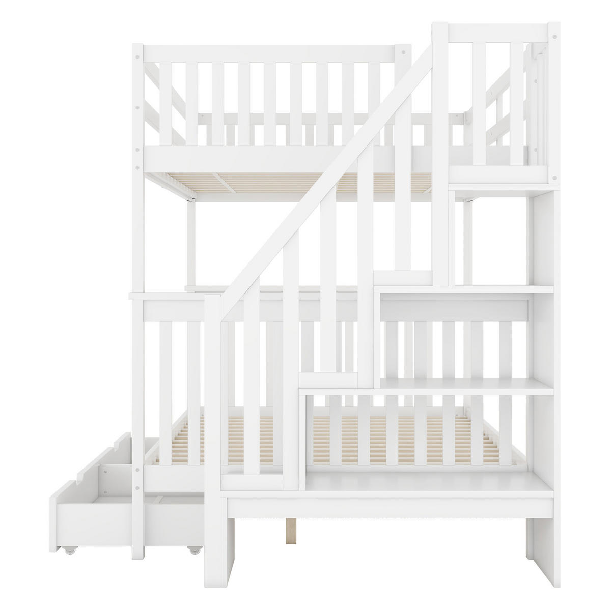 ETAGENBETT 140/200 cm aus Kiefern mit Treppenregal, 2 Schubladen und hohem Fallschutz, Weiß - Weiß, Holzwerkstoff (140/200cm) - Redom