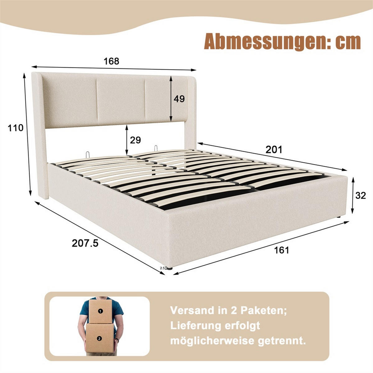 POLSTERBETT 160x200 cm mit hydraulischem Stauraum - Gepolstertes Kopfteil - ohne Matratze - Leinen - Beige - Beige, Textil (160/200cm) - DELFA