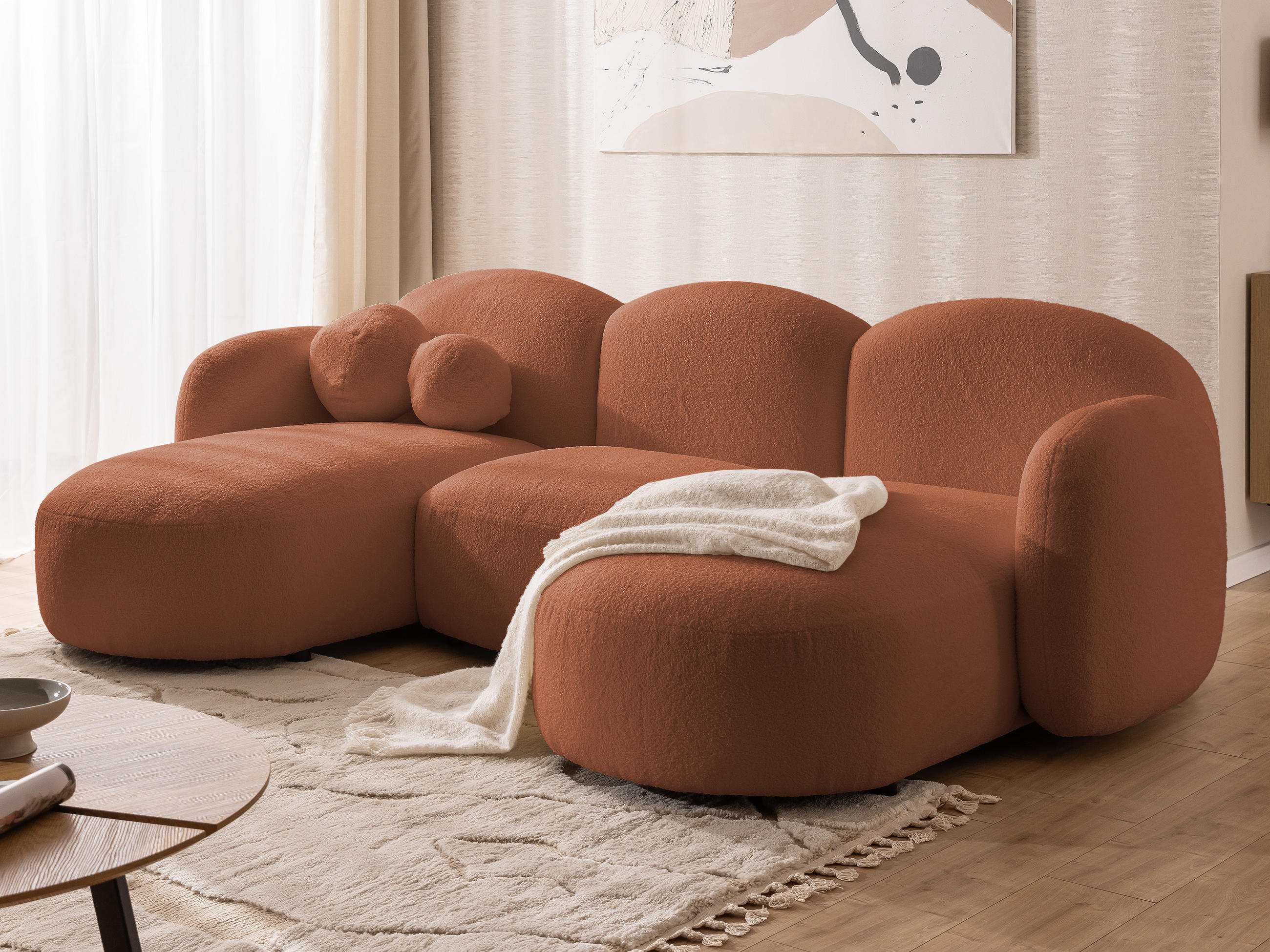WOHNLANDSCHAFT Nuvola mit abgerundetem Design Terrakotta Bouclé-Stoff - Terra cotta/Schwarz, Holz/Kunststoff (268/80/146cm) - S-Style Möbel
