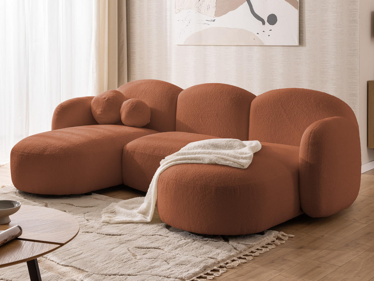 WOHNLANDSCHAFT Nuvola mit abgerundetem Design Terrakotta Bouclé-Stoff - Terra cotta/Schwarz, Holz/Kunststoff (268/80/146cm) - S-Style Möbel