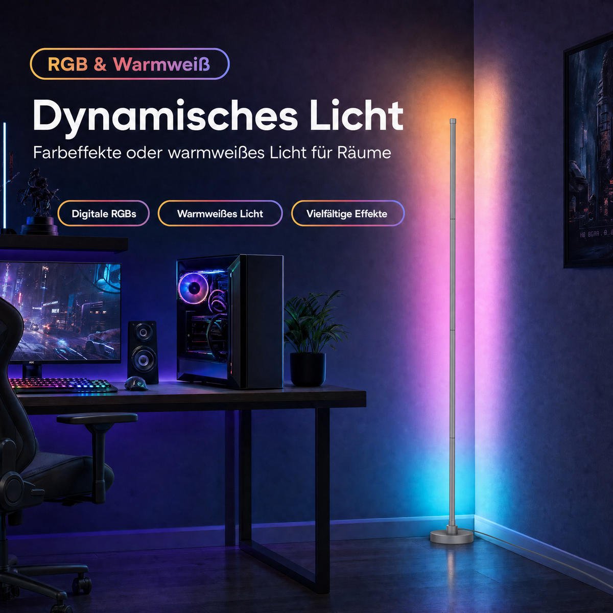 LED-ECKLAMPE - mit Fernbedienung und Soundsensor für RGB- und warmweiße Beleuchtung in Grau - Grau, Kunststoff (15.5/15.5/147.5cm) - Northpoint
