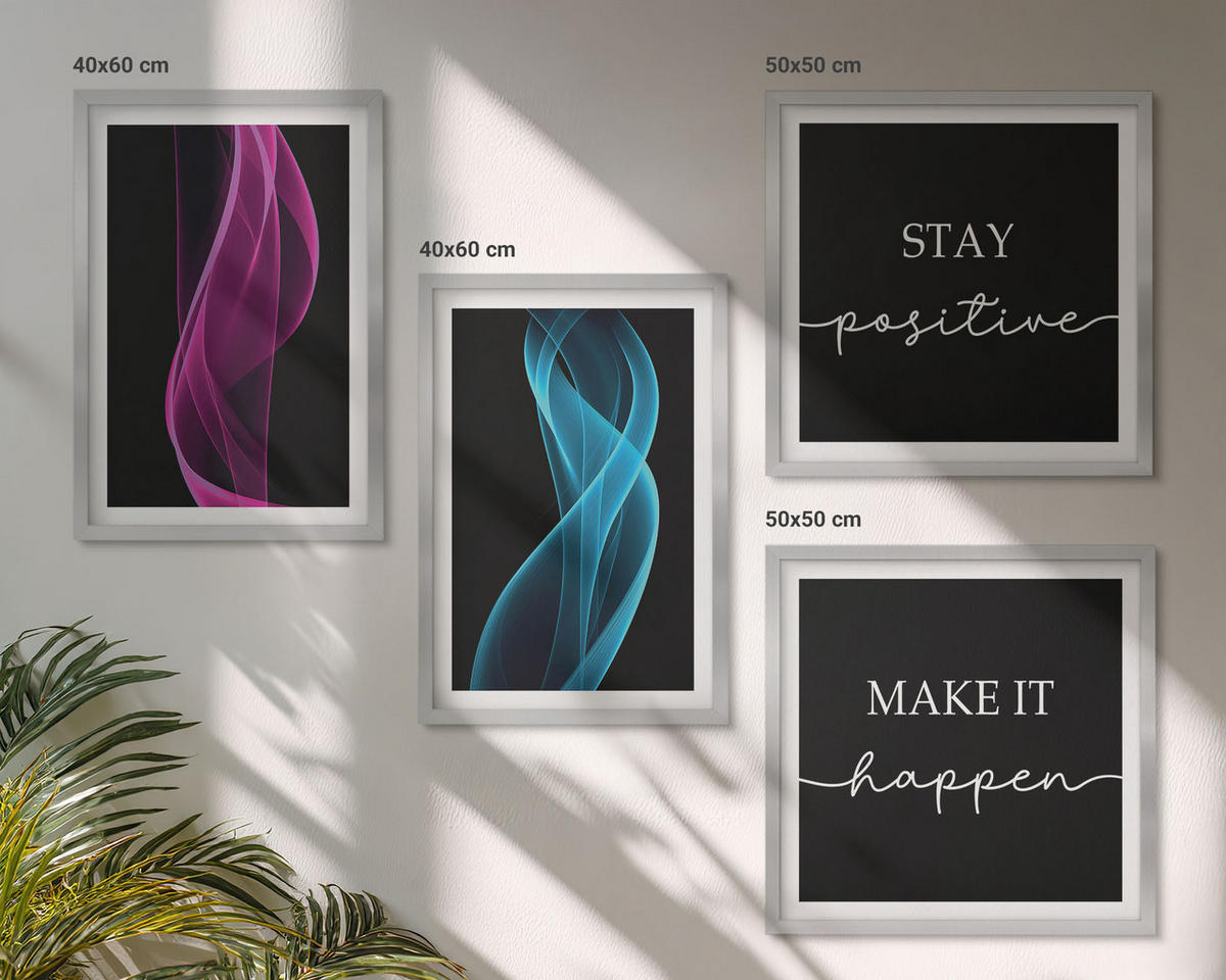 BILDER SET 4er Set - 50x50 cm & 40x60 cm Silberner Rahmen - Neonlinienwellen im Hintergrund - Silberfarben, Kunststoff (50/50cm) - TULUP