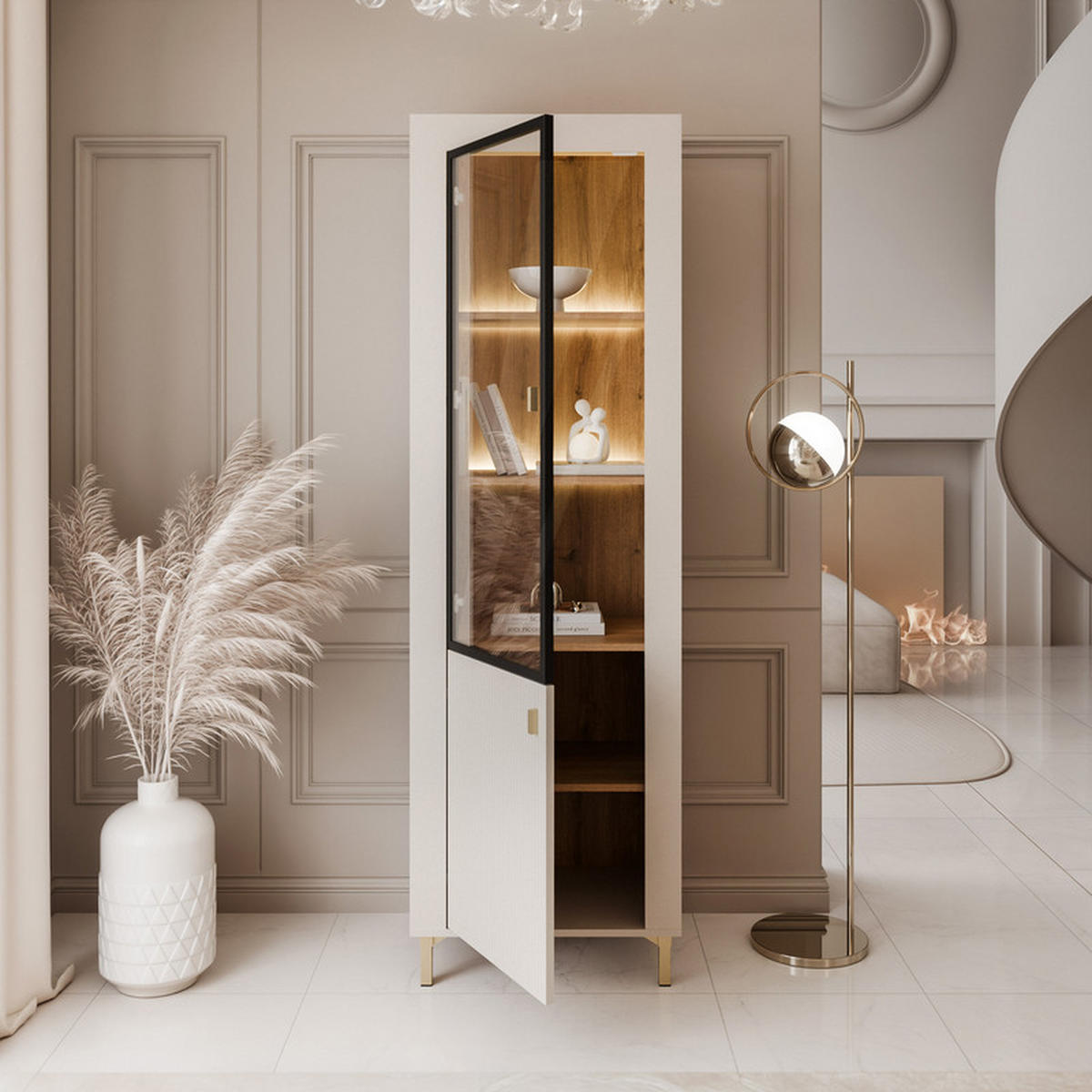 VITRINE AVENA mit LED-Beleuchtung, 60/40/194 cm Kaschmir / Eiche - Kaschmir, Holzwerkstoff/Kunststoff (60/194/40cm) - Idohome