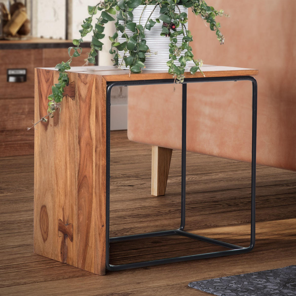 BEISTELLTISCH – Massivholz Braun Industrial 45x30x45 cm - Schwarz/Braun, Holz/Metall (30/45/45cm) - KADIMA DESIGN