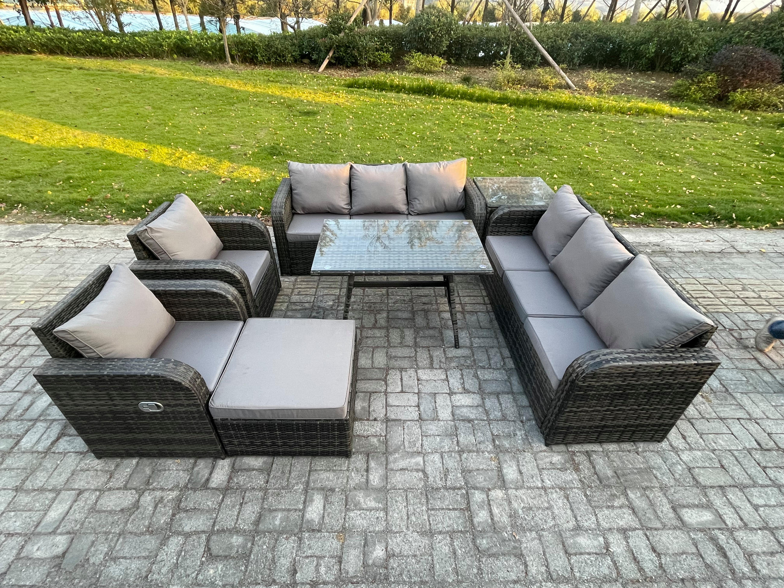 GARTENSET Hohe Rückenlehne Polyrattan 9-Sitzer - Dunkelgrau/Grau, Glas/Kunststoff - Fimous