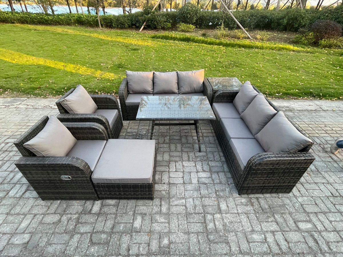 GARTENSET Hohe Rückenlehne Polyrattan 9-Sitzer - Dunkelgrau/Grau, Glas/Kunststoff - Fimous