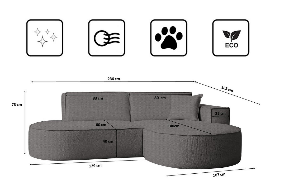 ECKSOFA Modena Studio Stoff Artico, Anthrazit Rechts - Anthrazit, Holz/Textil (236/165cm) - Kaiser Möbel