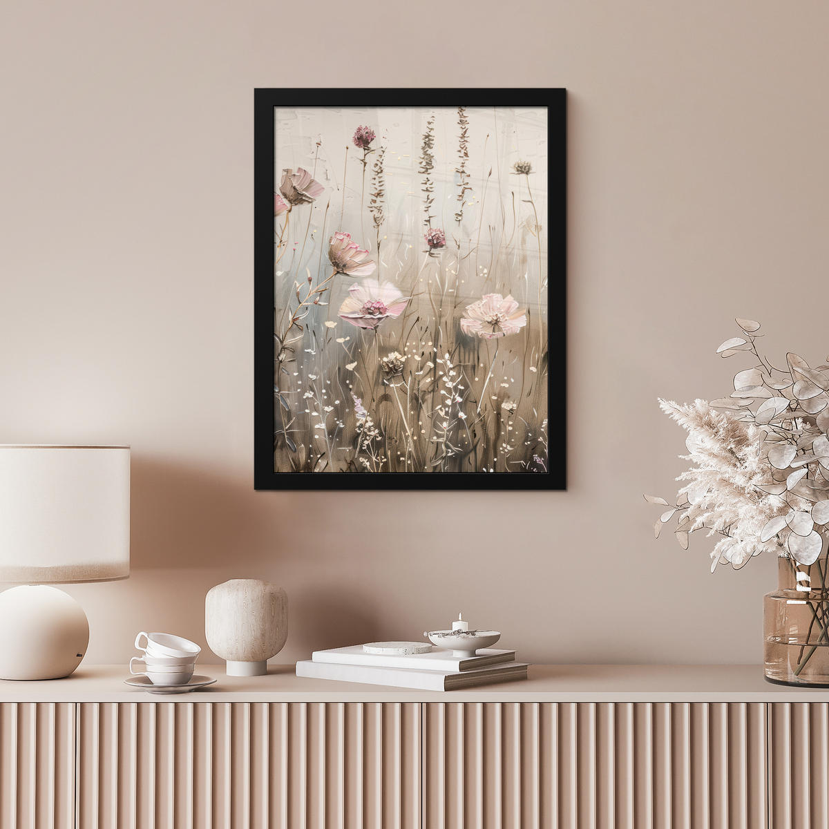 GERAHMTES BILD Blumen - Rosa - Modern - Beige 30x40 cm - Beige, Papier (30/40cm) - MuchoWow