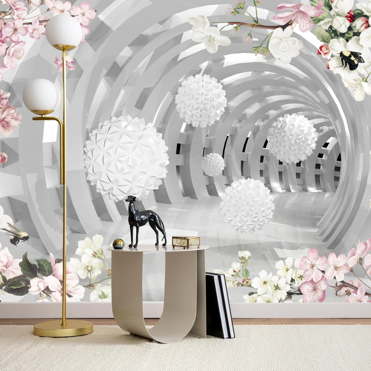 FOTOTAPETE für Wohnzimmer Tunnel mit BLUMEN KUGELN Floral Perspektive 500x350 - Rosa/Weiß, Papier (500/350cm) - Muralo