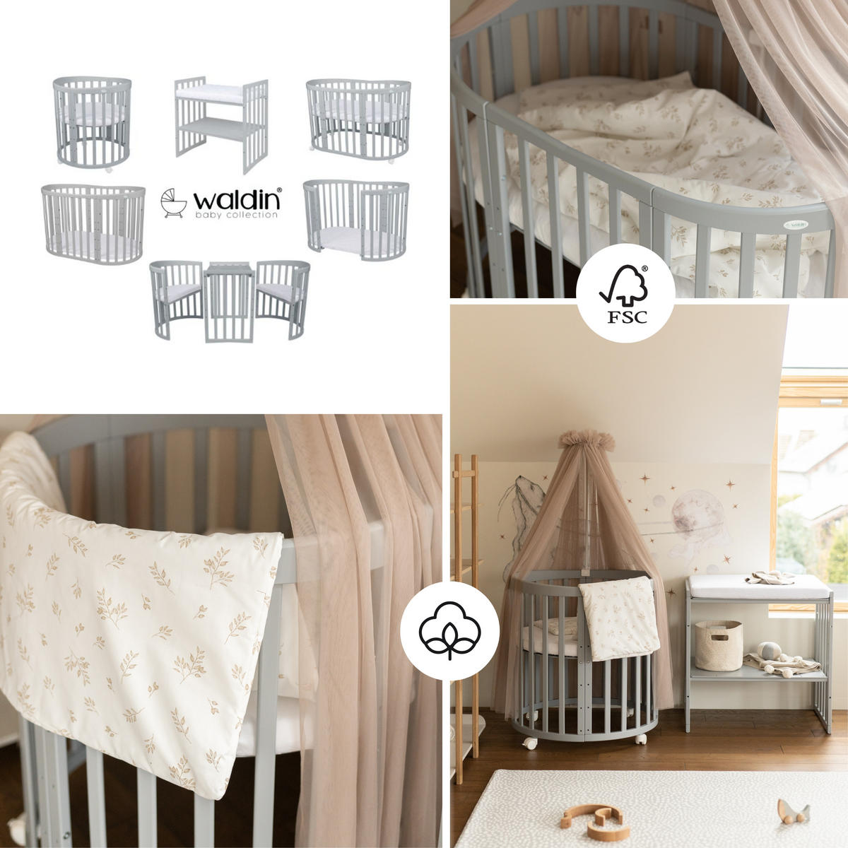 BABYBETT GREY OVAL 7in1 mit Matratze und Himmelset - Taupe/Grau, Holz/Textil