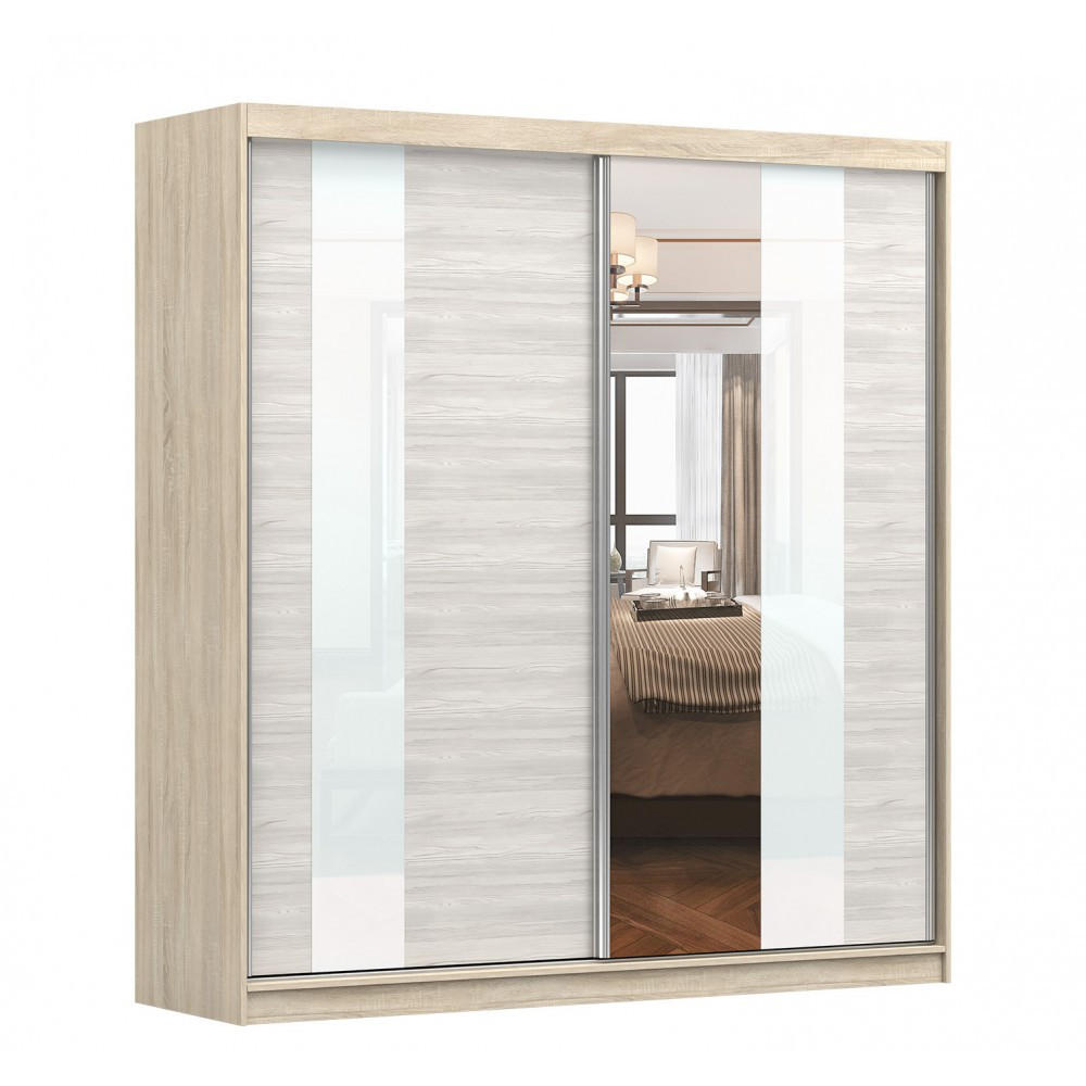 imoebel24 Schwebetürenschrank Sonoma Eiche, Weiß 203x218x61 cm