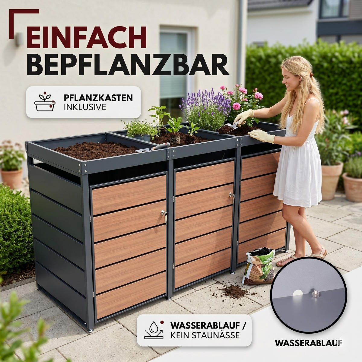 ALBATROS Mülltonnenbox mit Pflanzkasten 3er, MTP3 - Anthrazit, Metall (196/116/80cm) - Albatros