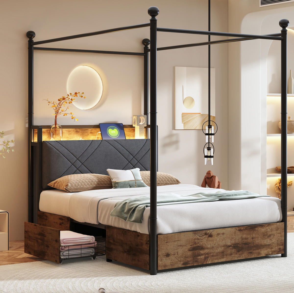 BETT Multifunktionales 90/190 cm mit Stauraum und schwenkbarem Baldachin - Schwarz, Metall (90/190cm) - OKWISH