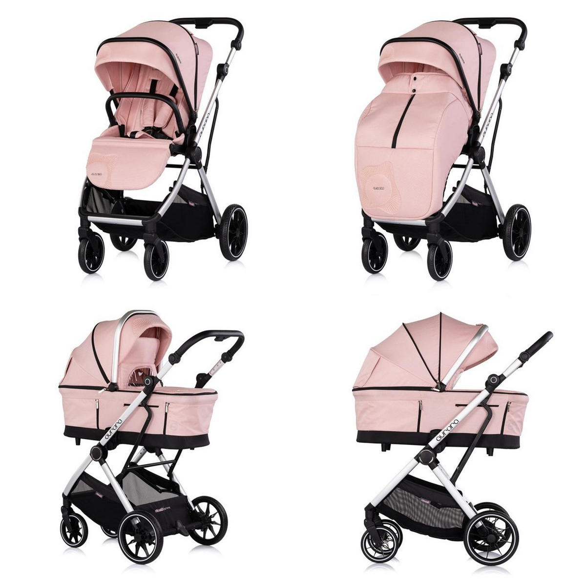 KOMBIKINDERWAGEN Aurora 3 in 1 rosa Babyschale Babywanne Sportsitz Tasche - Rosa, Metall (84/57/112cm) - Chipolino