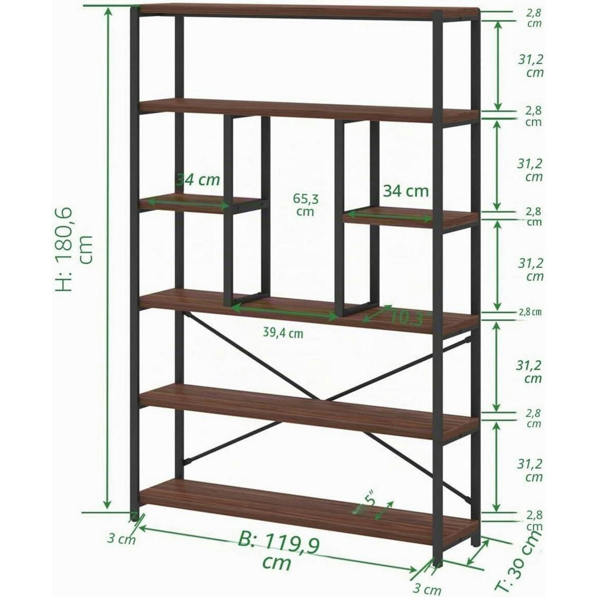 BÜCHERREGAL mit 6 Ebenen Walnuss 180 cm - Braun, Metall (120/178/30cm)