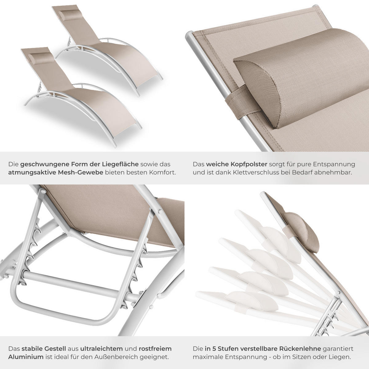 GARTENLIEGE 2er Set Alina,180 x 59 x 50 cm,beige - Beige, Kunststoff (59/81.5/180cm) - tectake