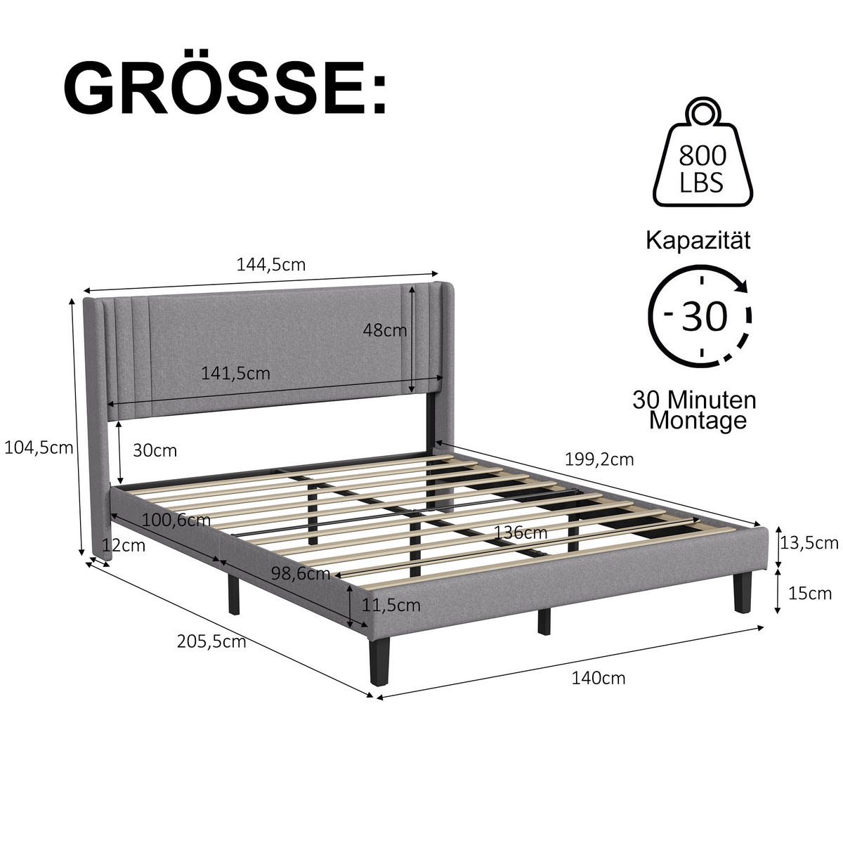POLSTERBETT 140x200 cm Doppelbett mit Lattenrost, Leinenstoff Grau - Grau, Metall (140/200cm) - EuroLiving