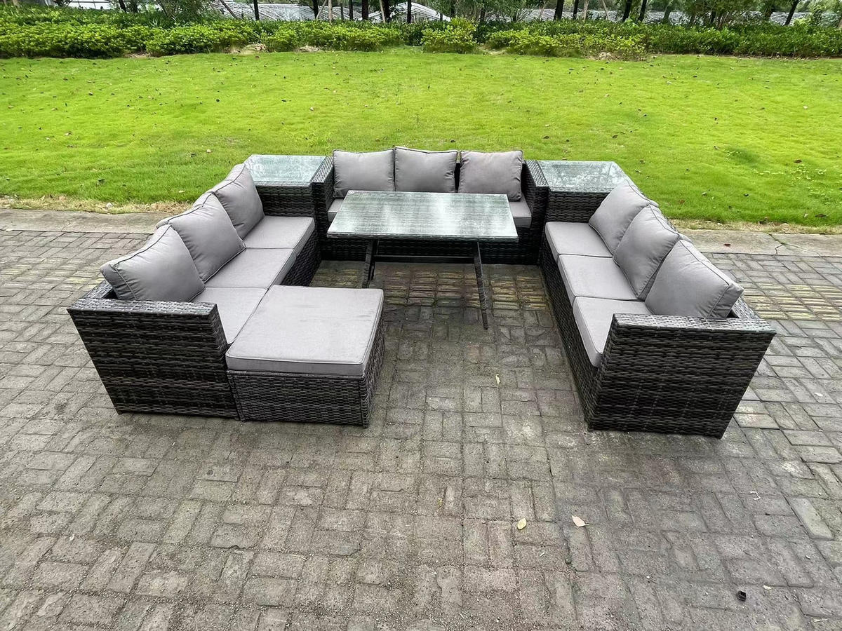 GARTENMÖBELSET mit Beistelltisch 10-Sitzer Grau - Dunkelgrau/Grau, Glas/Kunststoff - Fimous