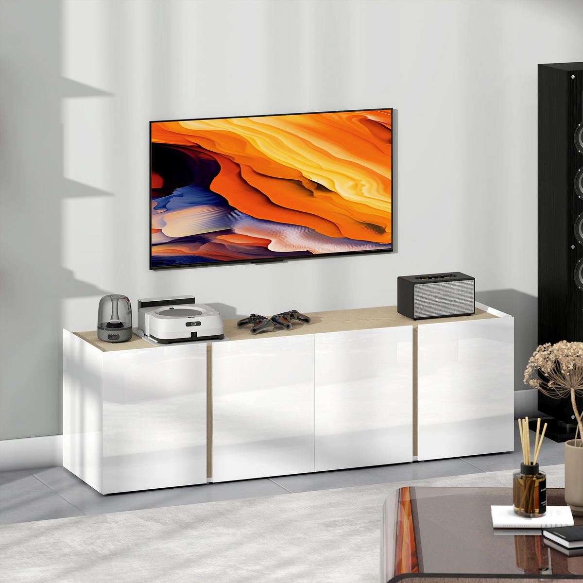 TV Schrank Hochglanz TV Board mit 4 Soft-Close-Türen für Fernseher bis zu 65Zoll - Weiß Hochglanz/Weiß, Holzwerkstoff/Kunststoff (38/45/135cm) - HOMCOM