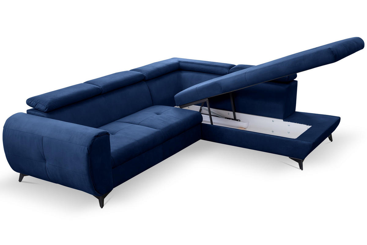 ECKSOFA MAGIA R-S Dunkelblau Plüsch-Stoff mit Schlaffunktion - Dunkelblau, Holz (260/217cm) - MASSENO