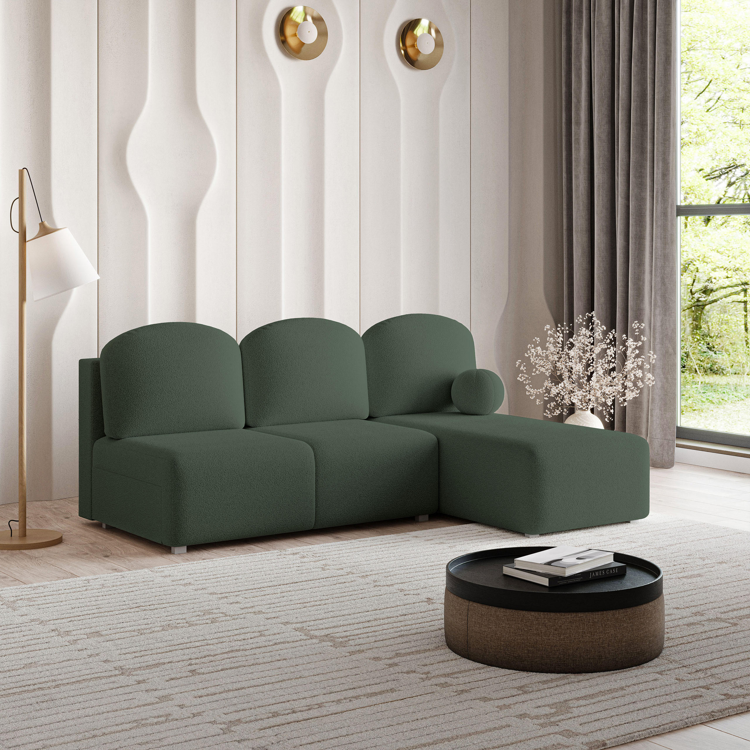 ECKSOFA TRAMA Grün Boucle-Stoff mit Schlaffunktion - Grün, Holz (200/143cm) - MASSENO