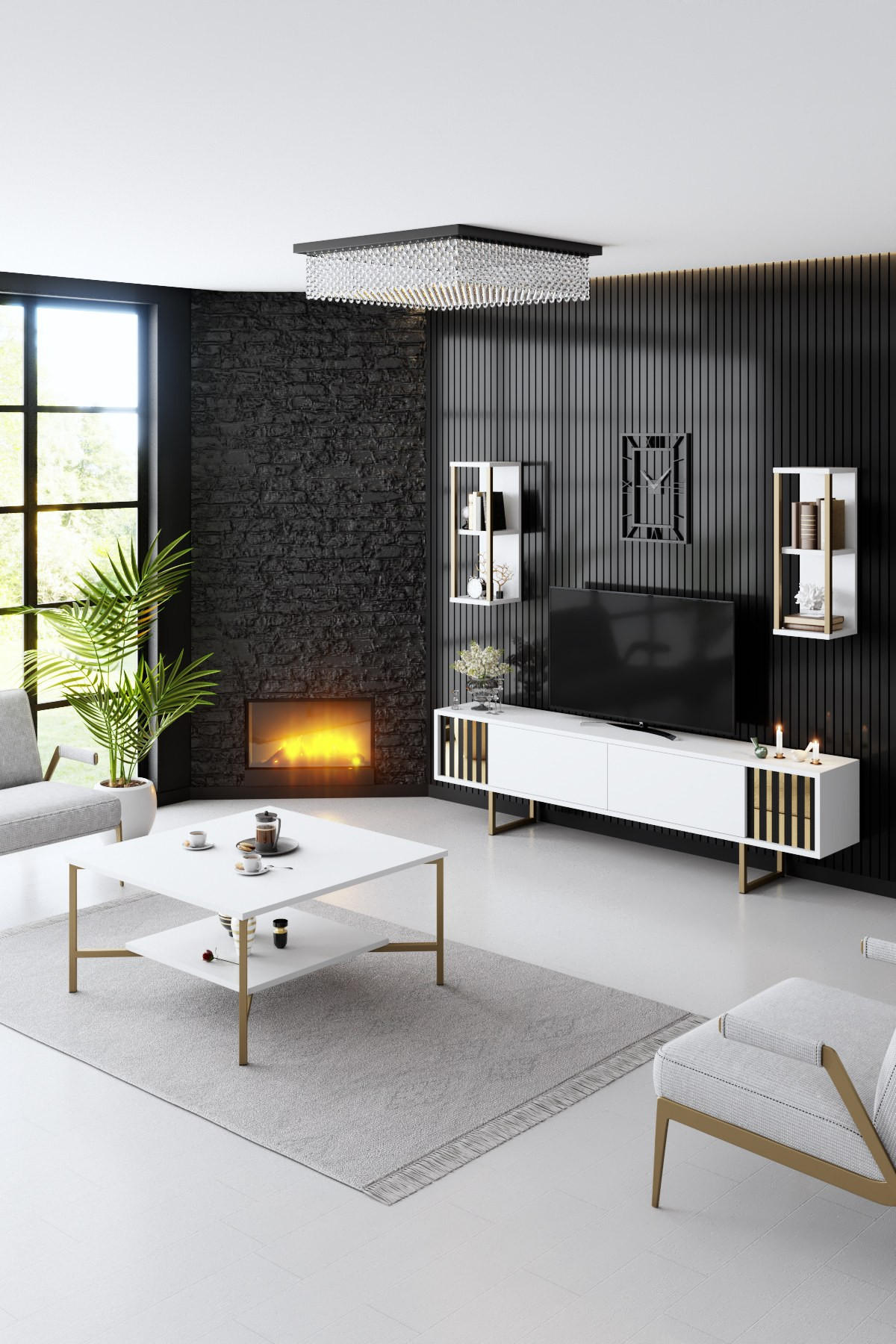 TV-MÖBEL Gold Line Weiß-Schwarz - Schwarz/Weiß, Holz (180/48/30cm) - Habitat Garten
