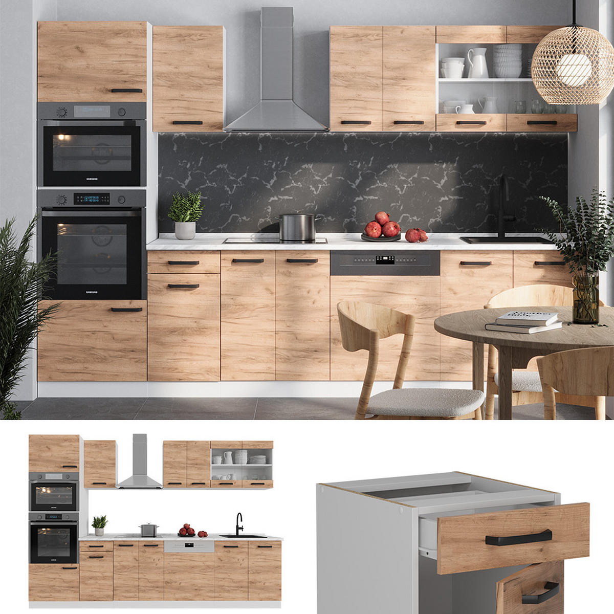 KÜCHENZEILE R-Line Goldkraft Eiche/Weiß 300 cm ohne Arbeitsplatte - Honigeiche/Eiche Wotan, Holzwerkstoff (300/81.6/46cm) - Vicco