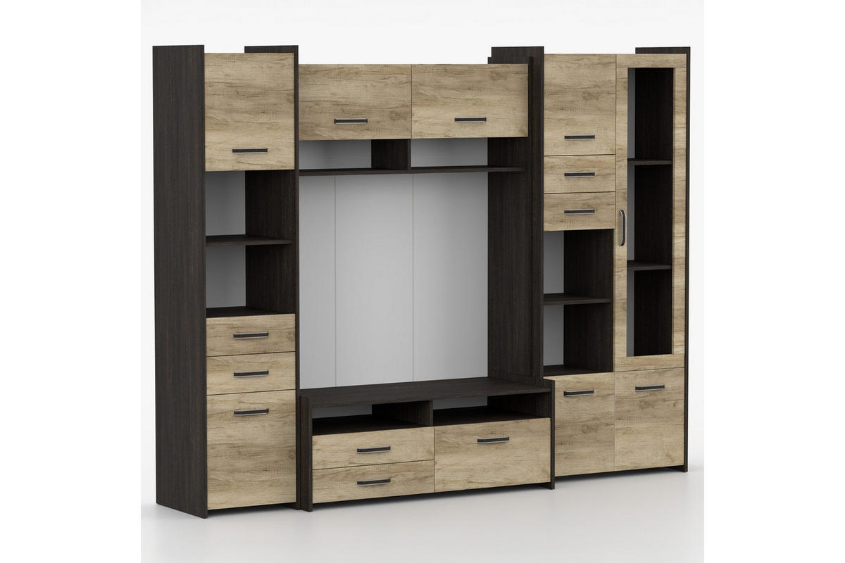 WOHNWAND MAURO MINI 232 cm in Eiche Canterbury / Eiche Country Grey - Eichefarben, Holzwerkstoff (232/190/53cm) - Deine Möbel 24