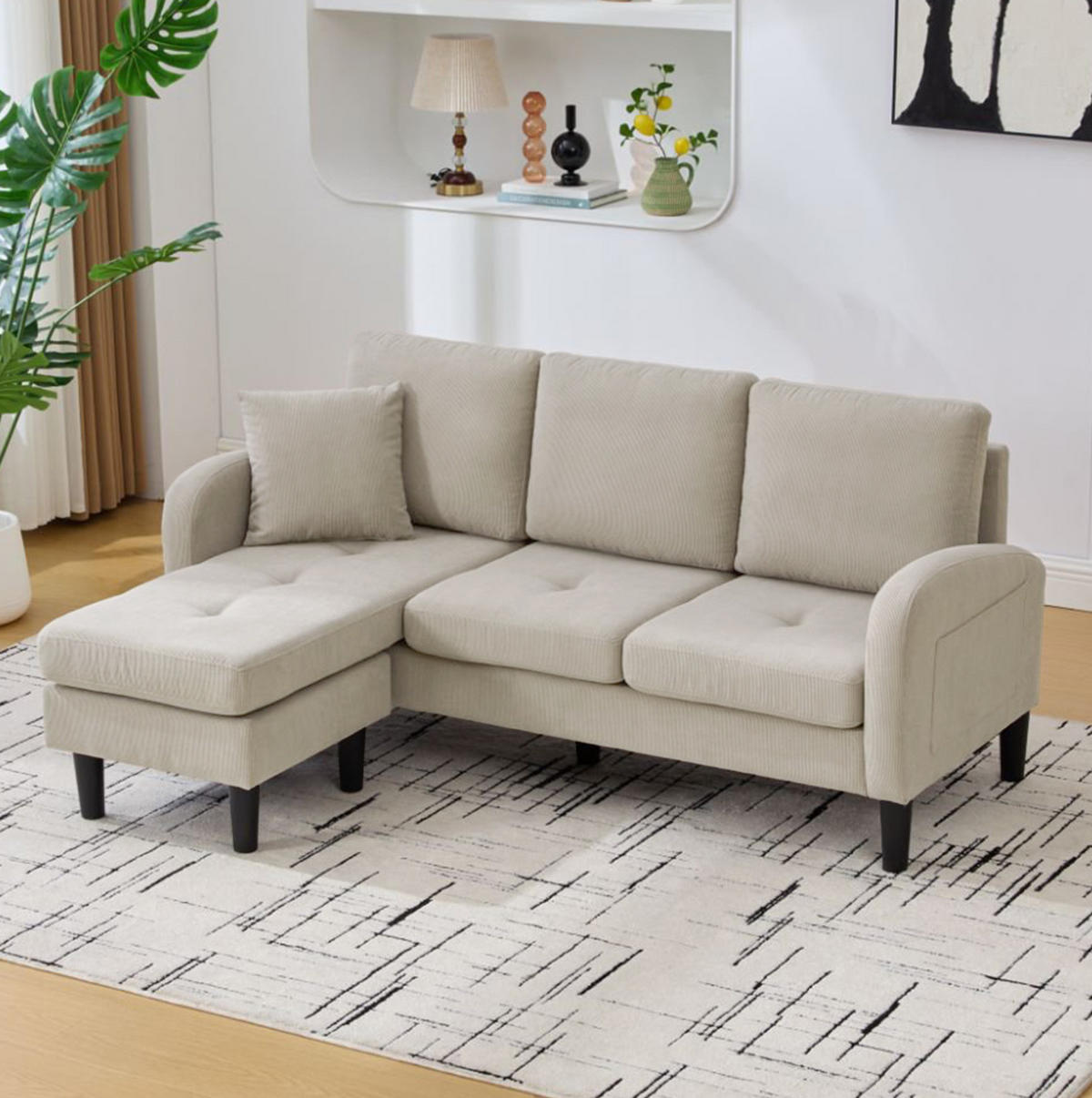 ECKSOFA 166/118/77 cm hellgrau aus Cord mit Chaiselongue - Graubraun, Kunststoff (118/166cm) - OKWISH