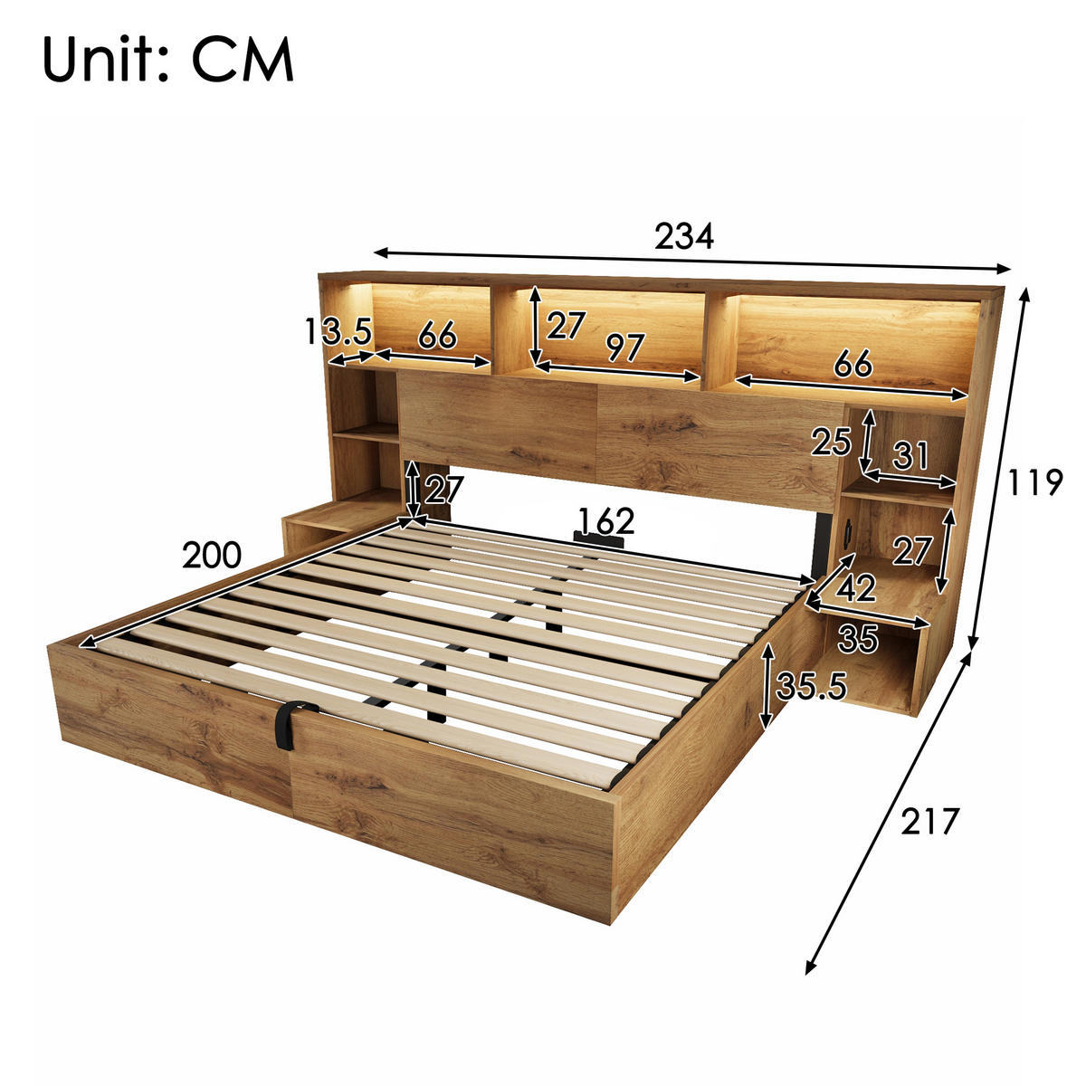 BETT 160/200 cm in Eiche mit Bettkasten, LED, USB und integrierten Nachttischen Holzoptik - Eichefarben, Holzwerkstoff/Metall (160/200cm) - STILVORA