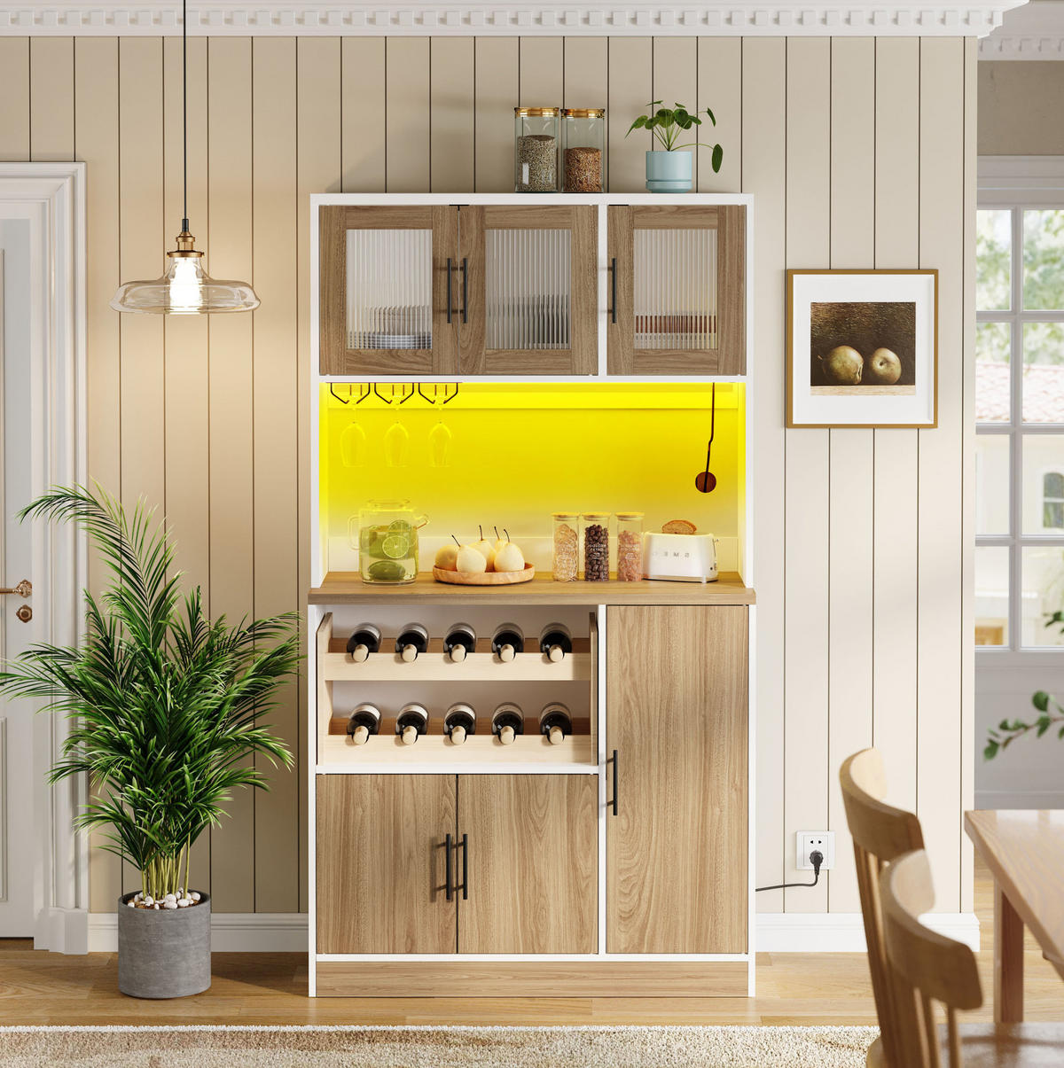 KÜCHENSCHRANK aus MDF 100x40x180 cm Weiß/Natur mit LED-Beleuchtung, Steckdosenleiste und Weinregal - Weiß, Holzwerkstoff (100/180/40cm) - IVMEU