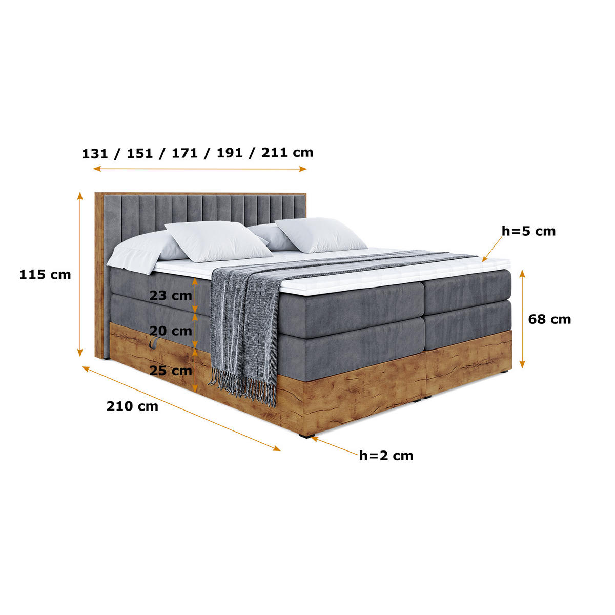BOXSPRINGBETT mit Matratze H3|H4 und Lattenrost - LOLLI4 KING-160x200 - Dunkelgrau Casablanca - Dunkelgrau, Holzwerkstoff (160/200cm) - ALTDECOR