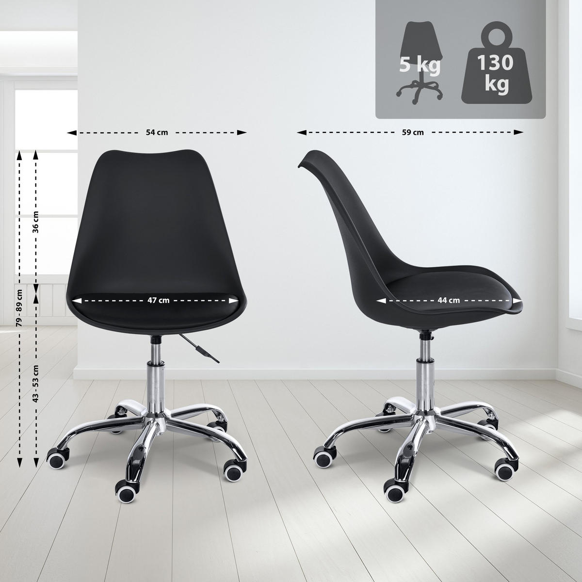 HOCKER Kunststoff schwarz - Chromfarben/Schwarz, Kunststoff/Metall (51/78/55cm) - CLP
