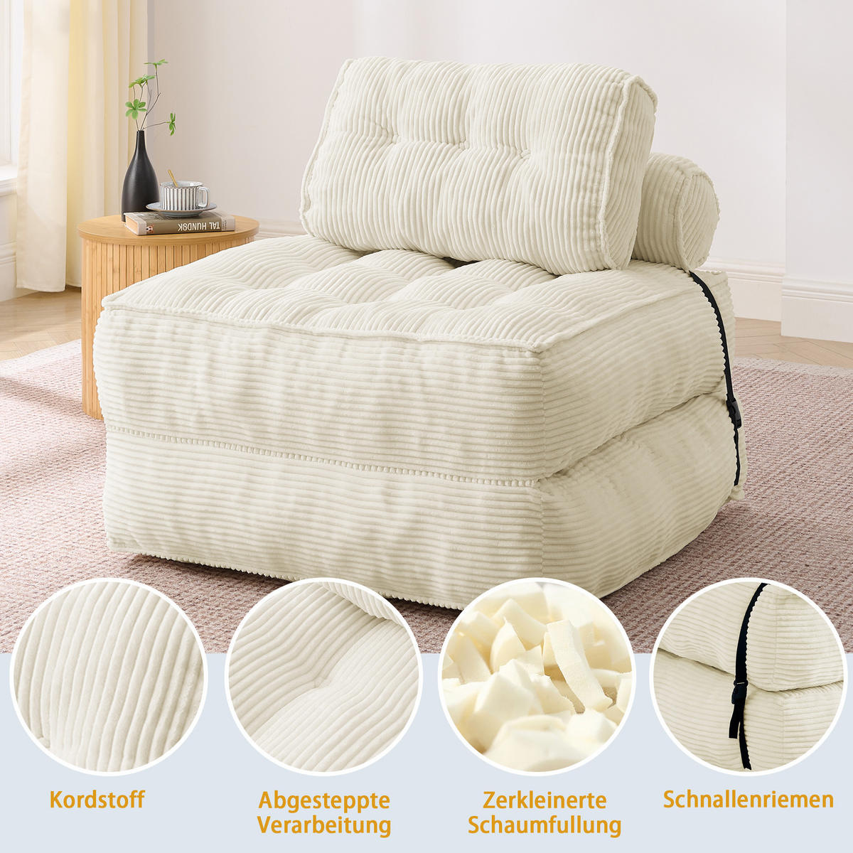 SCHLAFSESSEL 2-in-1 aus weichem Cord, klappbar als Loungesessel und Gästebett - Beige, Kunststoff (85/85/85cm) - Urban Meuble