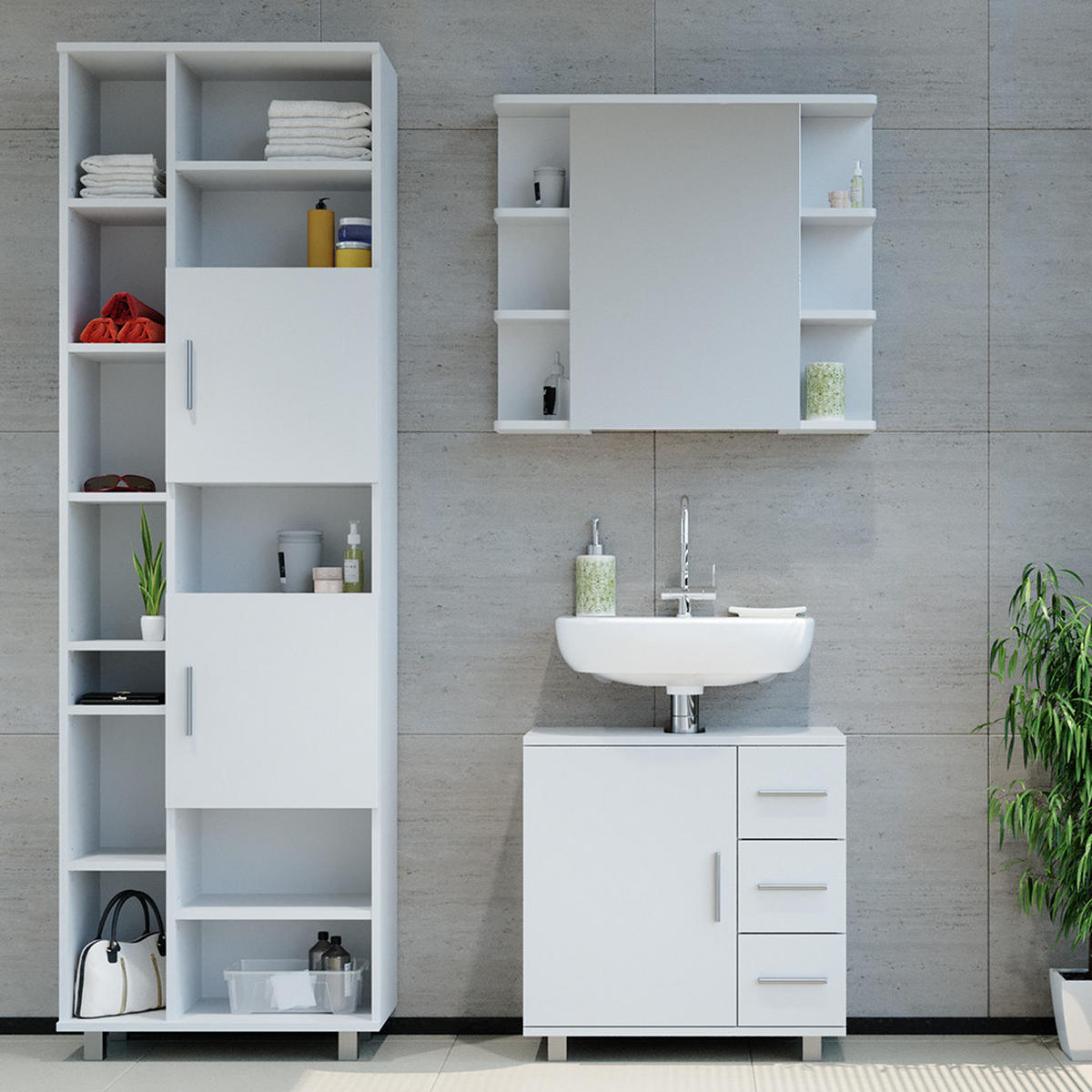BADMÖBEL-SET Ilias Weiß 3 Teile, mit Unterschrank 60 cm - Weiß, Holzwerkstoff (60/60.8/33cm) - Vicco
