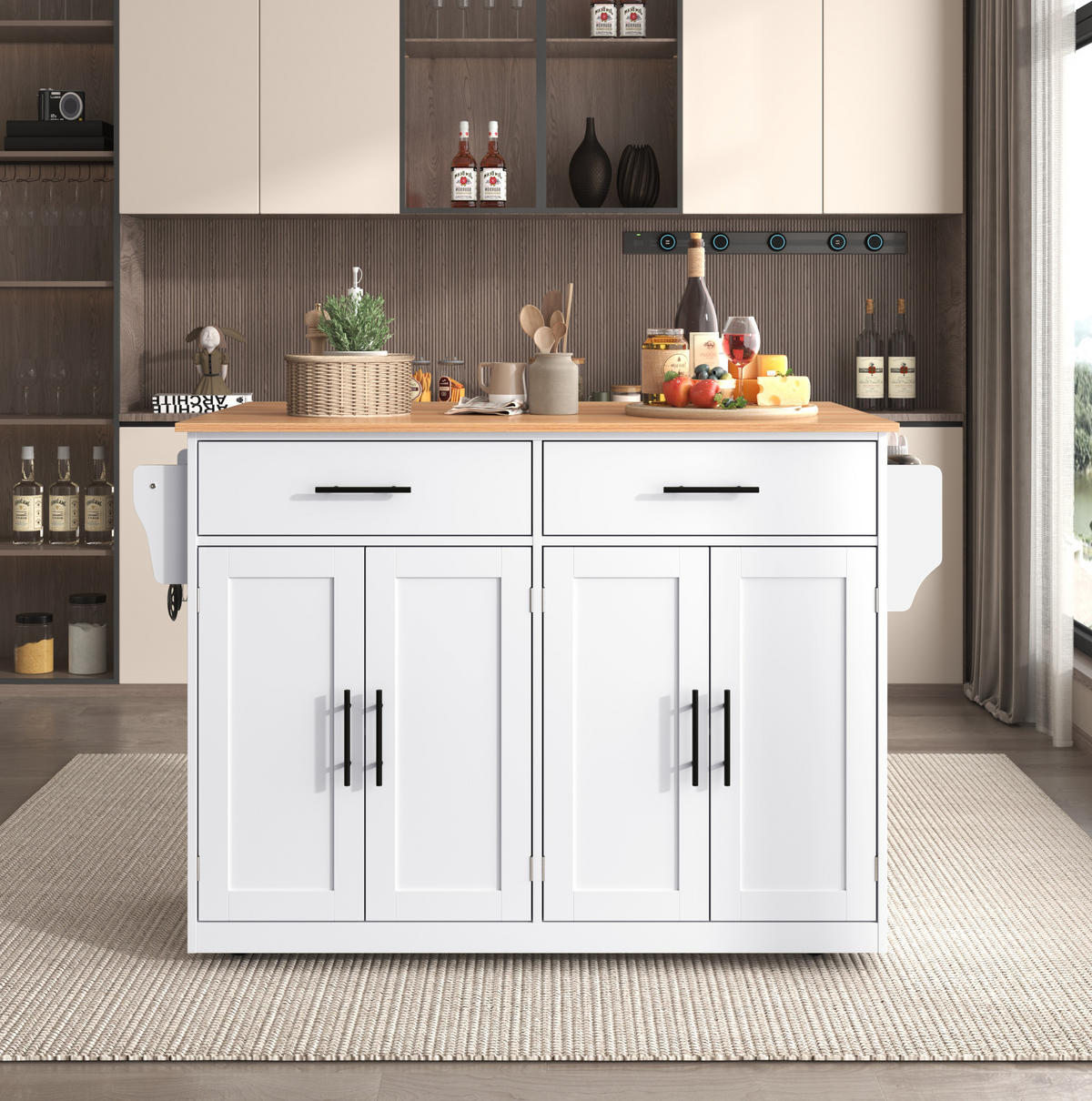 KÜCHENINSEL 120/46(70)/91,5 cm aus MDF mit klappbarer Tischplatte, Rollen und austauschbaren Holzfüßen, Weiß/Natur - Weiß, Holzwerkstoff (120/91.5/70cm) - Redom