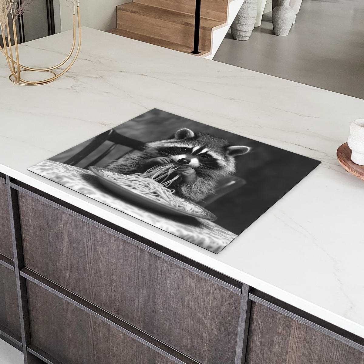 HERDABDECKPLATTE Waschbär - Niedlich - Pasta - Tischtuch - Schwarz - Weiß Induktionsmatte 77x59 cm - Grau, Kunststoff (77/59/0.2cm) - MuchoWow