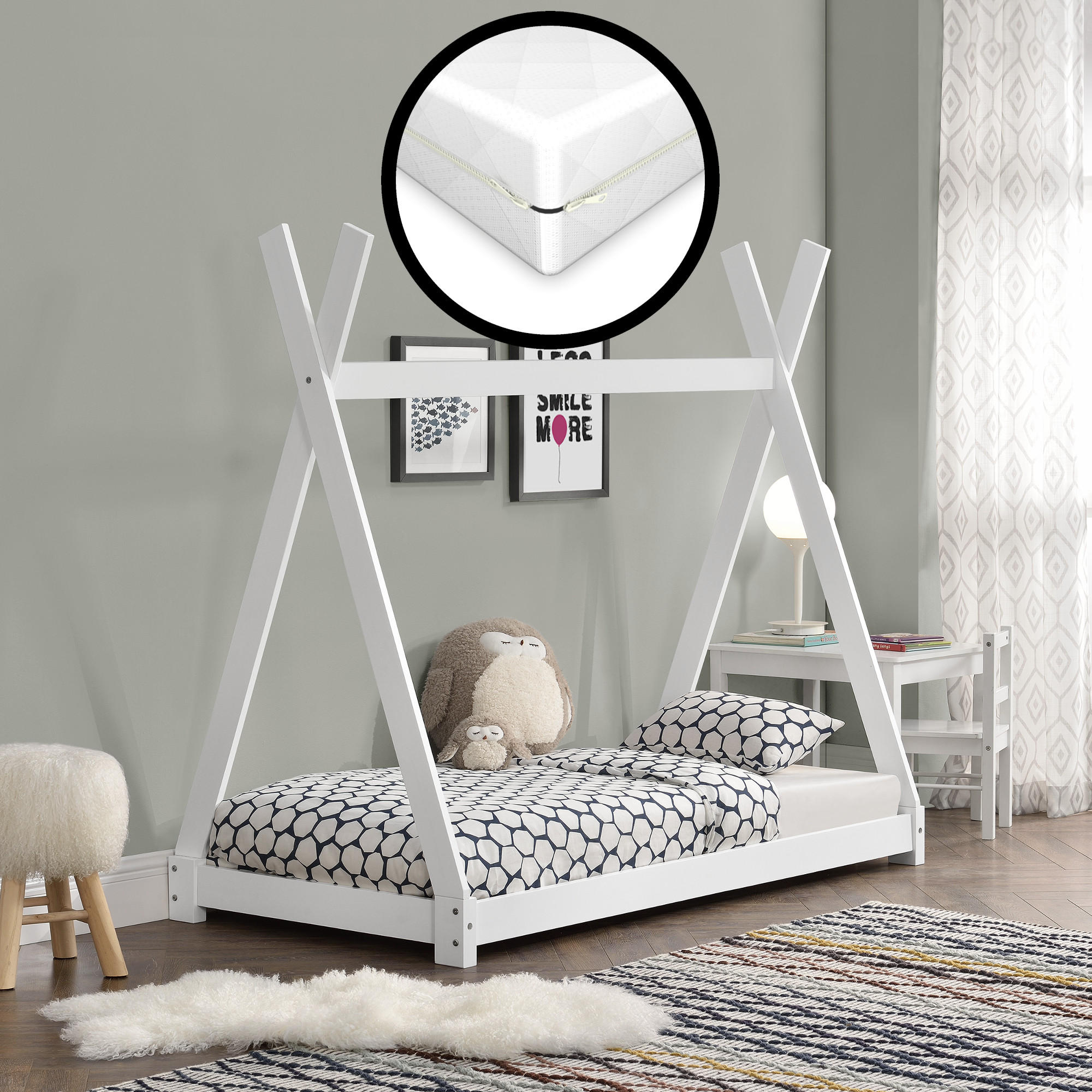 KINDERBETT Onejda mit Matratze - Weiß, Holz/Textil (80/160cm) - [en.casa]