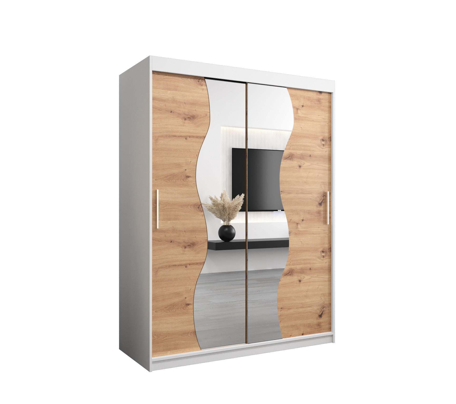 Möbel Kryspol Schwebetürenschrank Weiß, Eiche Artisan 150x200x62 cm