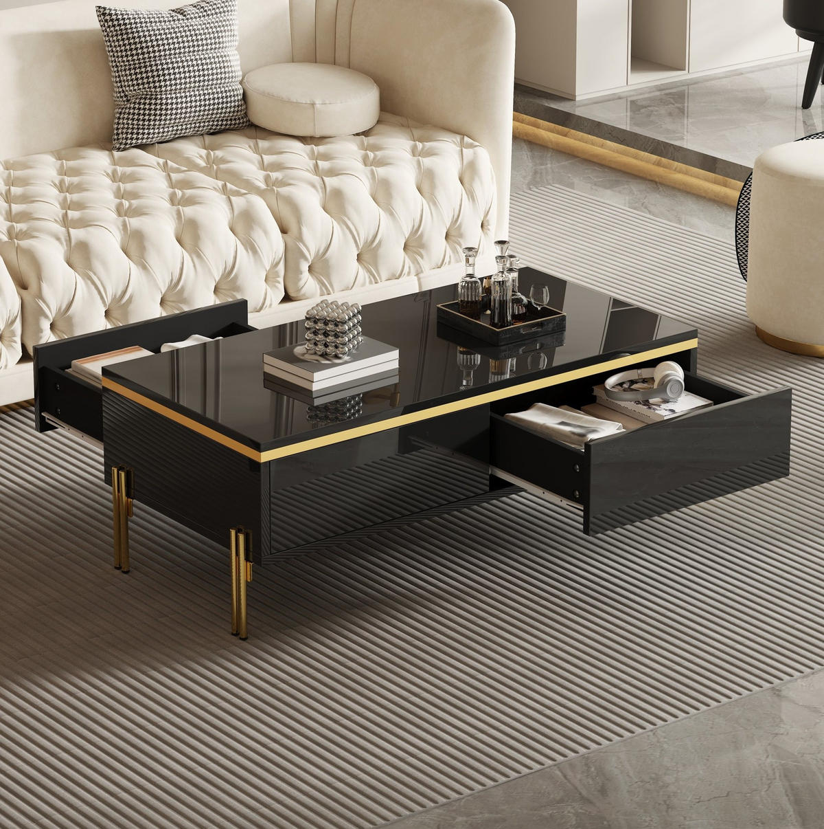 COUCHTISCH 100/50/36 cm in Schwarz aus Spanplatte mit Stauraum und Metallbeinen - Schwarz, Holzwerkstoff (100/50/36cm) - OKMYHOME