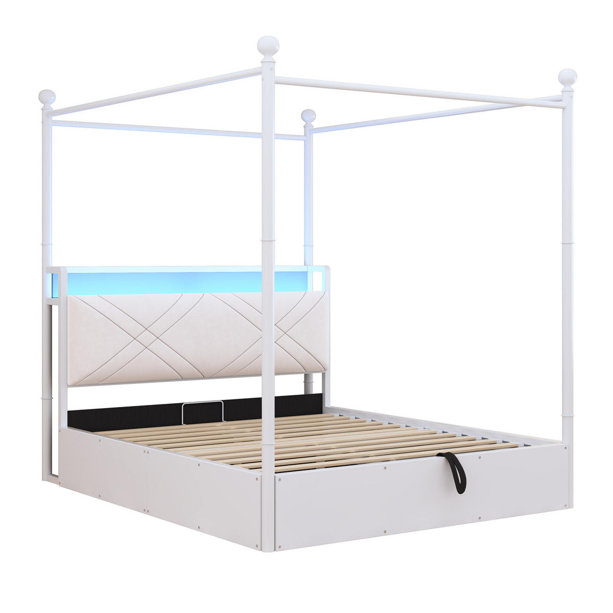 MULTIFUNKČNÍ postel 140/190 cm s odnímatelným nebesovým rámem, LED osvětlením, USB/Type-C a úložným prostorem, Bílá - bílá, kov (140/190cm) - Redom
