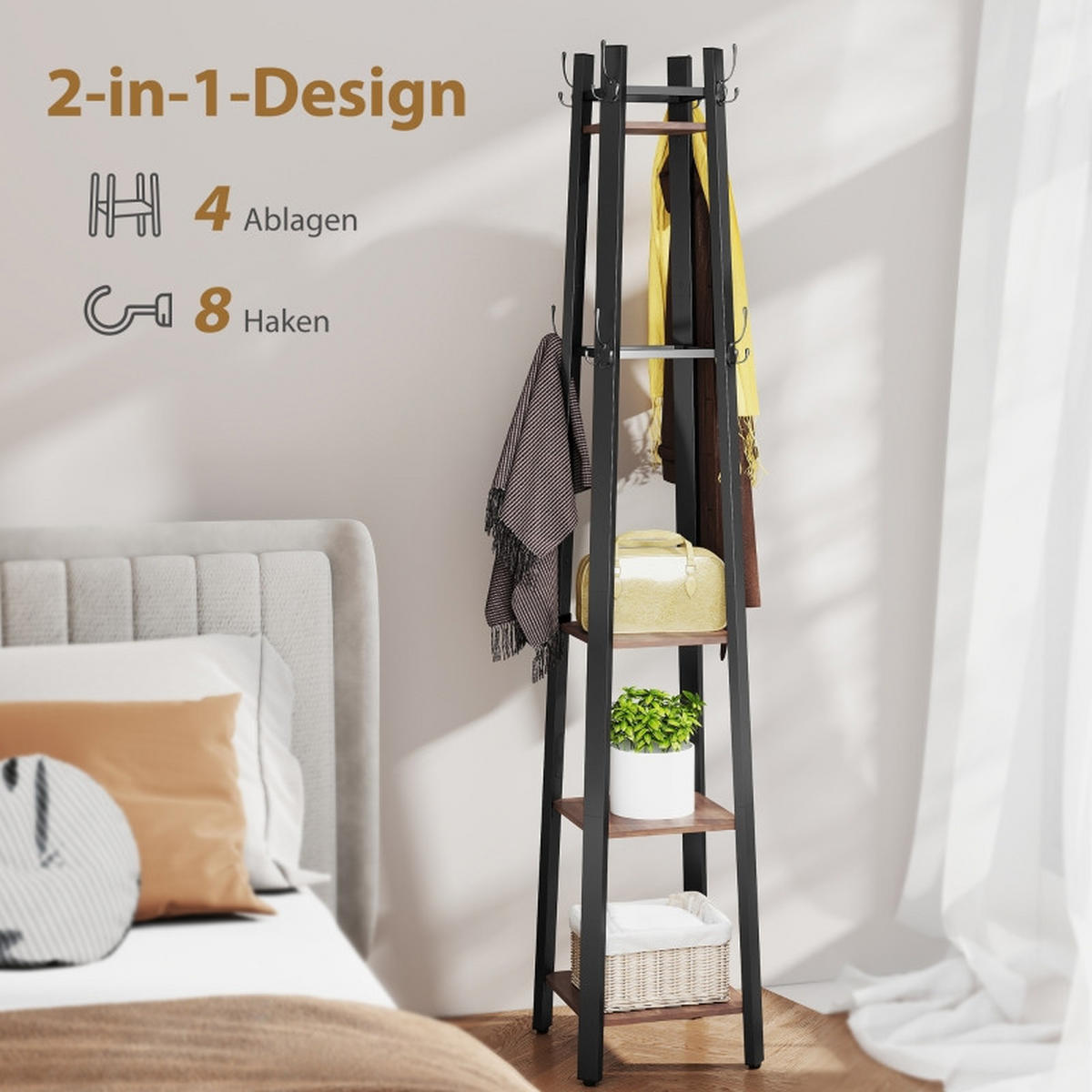STANDGARDEROBE mit 8 Haken und 4 Ablagen, Industrial-Look, 34,8/34,8/179 cm - Braun, Holz (34.8/179/34.8cm) - BEAOK