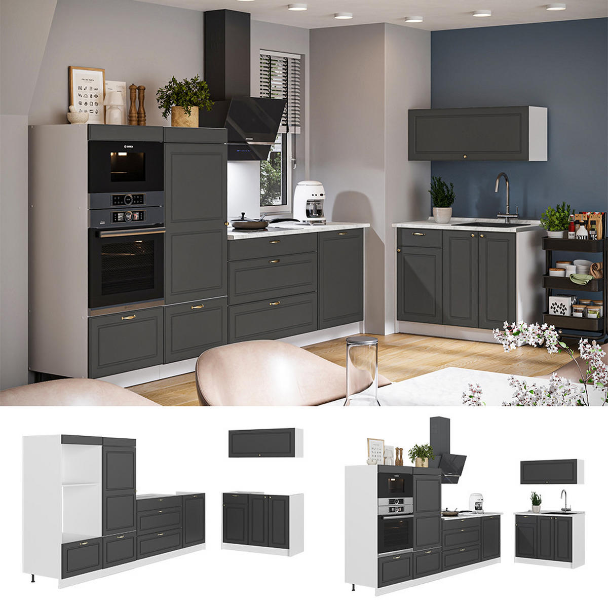 KUCHYNĚ Fame-Line, Anthrazit-Gold Landhaus/Bílá, 380 cm, PD Antracit - bílá/antracitová, kompozitní dřevo (380/153.6/60cm) - Vicco