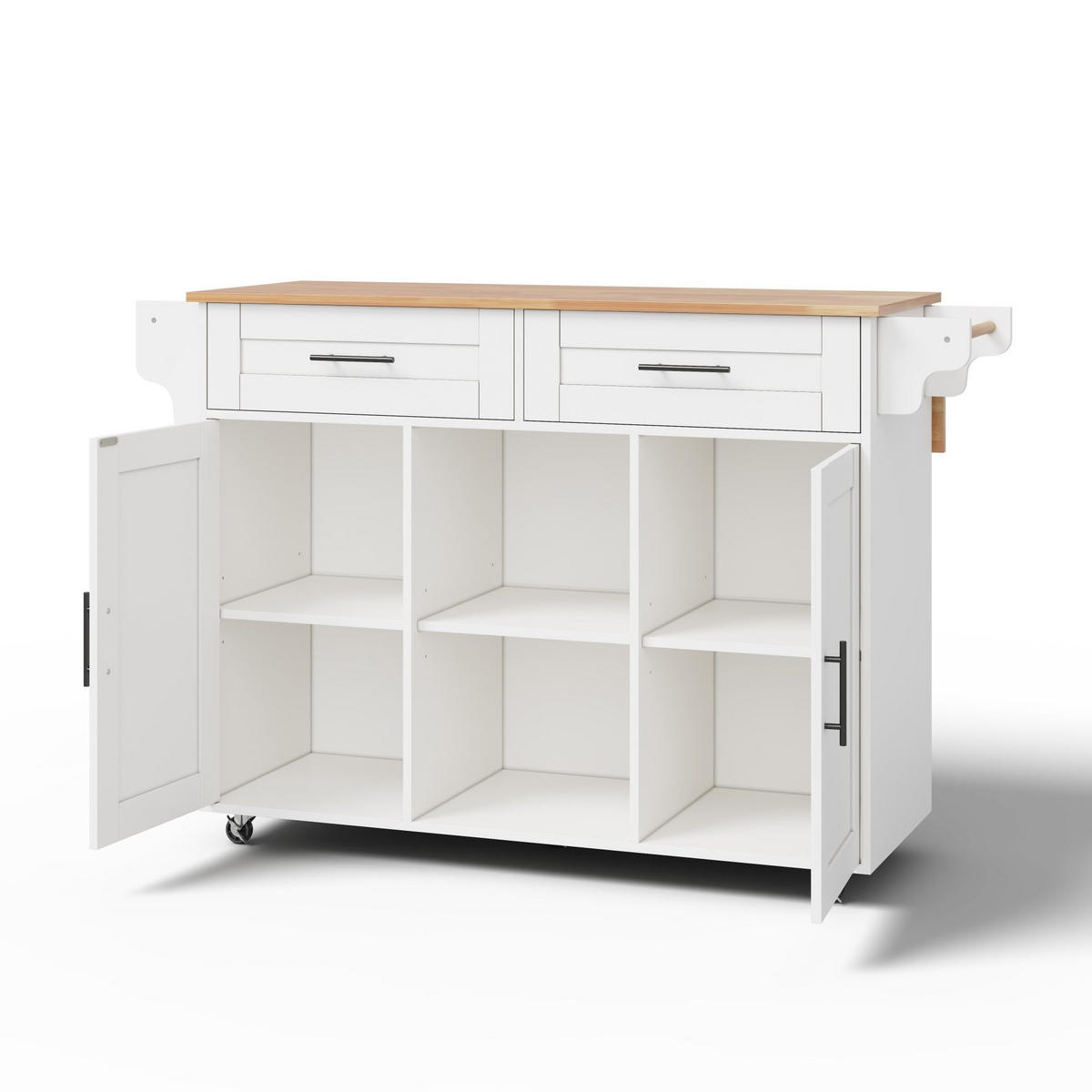 KÜCHENINSEL aus MDF 145x70x94,5 cm Weiß mit klappbarer Arbeitsplatte, 5 Rollen und verstellbaren Regalen - Weiß, Holzwerkstoff (145/94.5/70cm) - Modfu