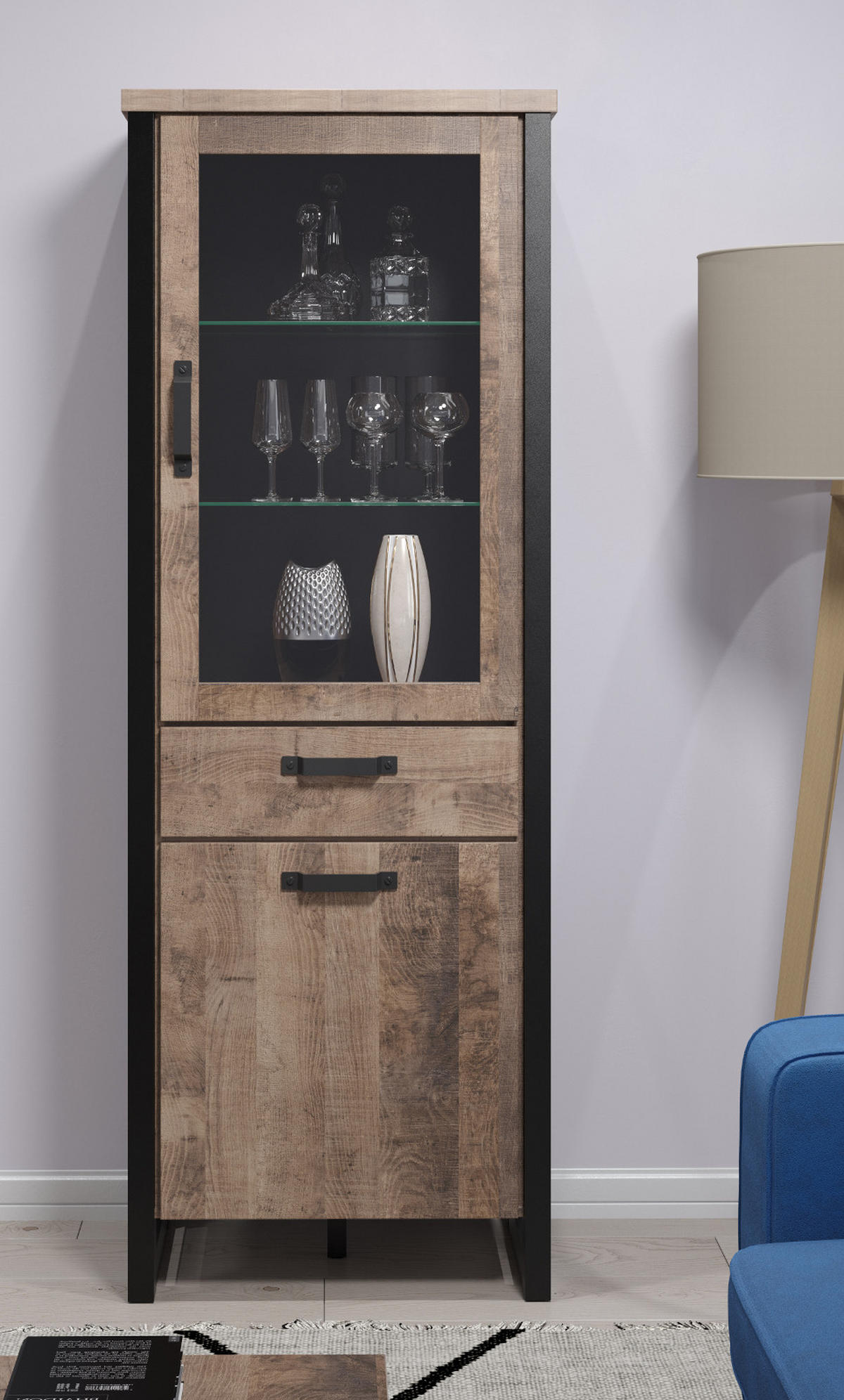 VITRINE Eiche Tabak, schwarz 70 x 195 cm, Vitrinenschrank für Wohn- und Esszimmer - Eichefarben/Schwarz, Glas/Holzwerkstoff (70/195/45cm) - Top.Furn