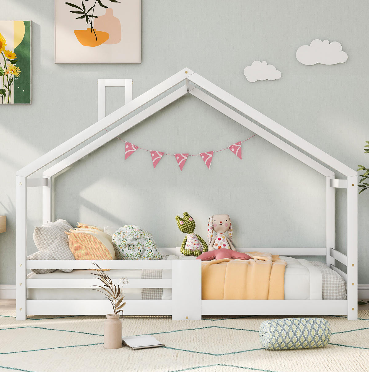 KINDERHAUSBETT 90/200 cm Weiß aus Massivholz mit Rausfallschutz - Weiß, Holz (90/200cm) - OKMYHOME