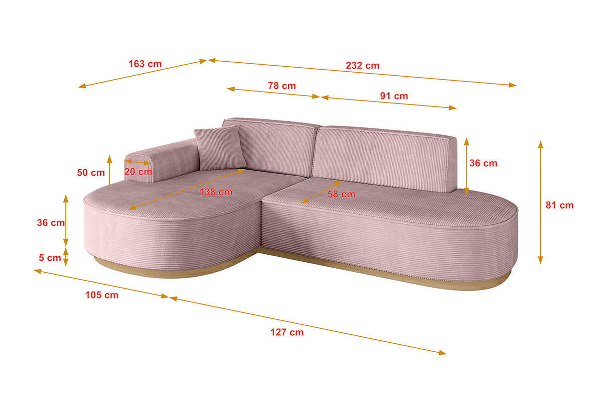 ECKSOFA Ottomane Links MARI-L1-v2 - 243x171x83 cm Rosa Cord - Rosa, Holzwerkstoff/Textil (243/171cm) - ALTDECOR