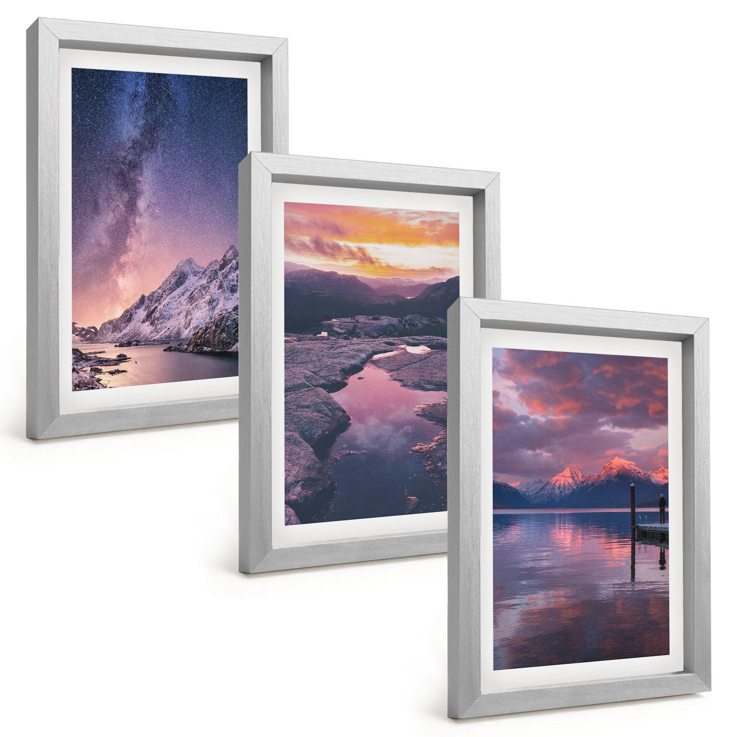 BILDER SET 3er Set - 20x30 cm Silberner Rahmen - Berge, Wasser, wunderschöne Landschaften - Silberfarben, Kunststoff (20/30cm) - TULUP