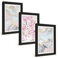 BILDER SET 3er Set - 20x30 cm Schwarzer Rahmen - Rosa Blumen Marmor Pastell - Schwarz, Kunststoff (20/30cm) - TULUP